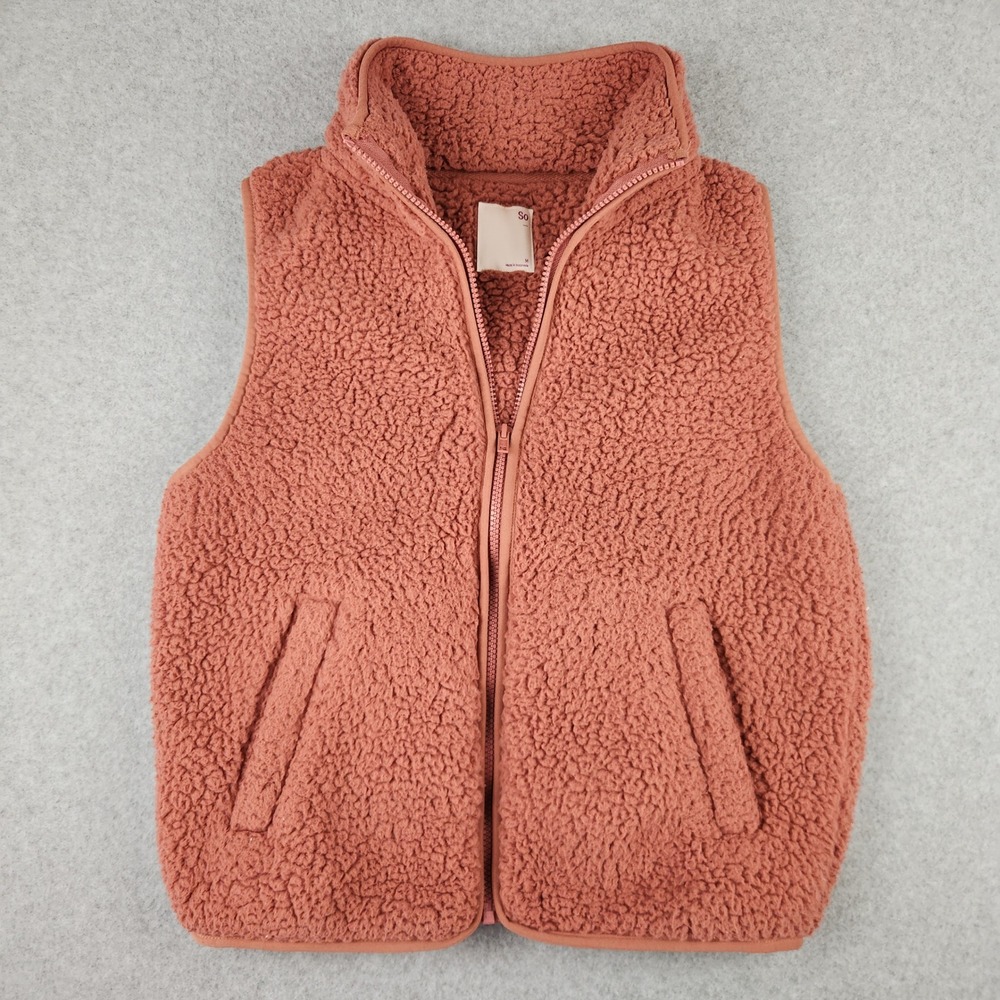 So Juniors Fuzzy Sherpa Fleece Vest Coral Pink Full Zip Stand Collar Size M